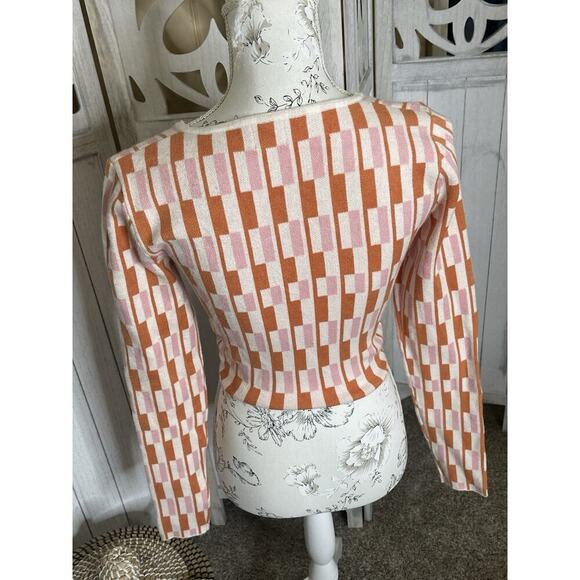 Dee Elly Retro 70s Look Stretchy Cropped V-Neck Top Size Small Orange Pink - Picture 2 of 6